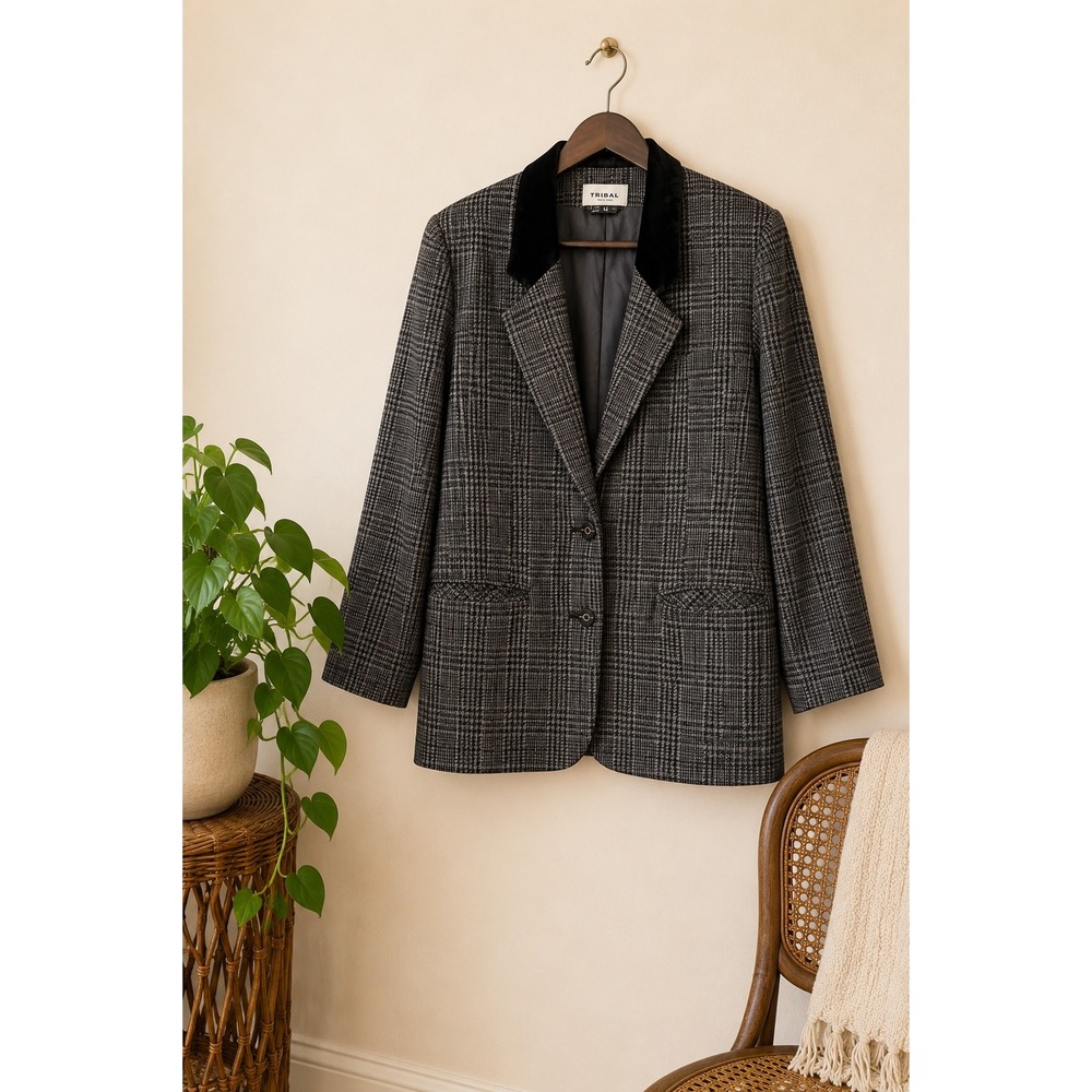 Tribal Wool Blend Herringbone Blazer Velvet Collar Gray Oversized Jacket Sz 14